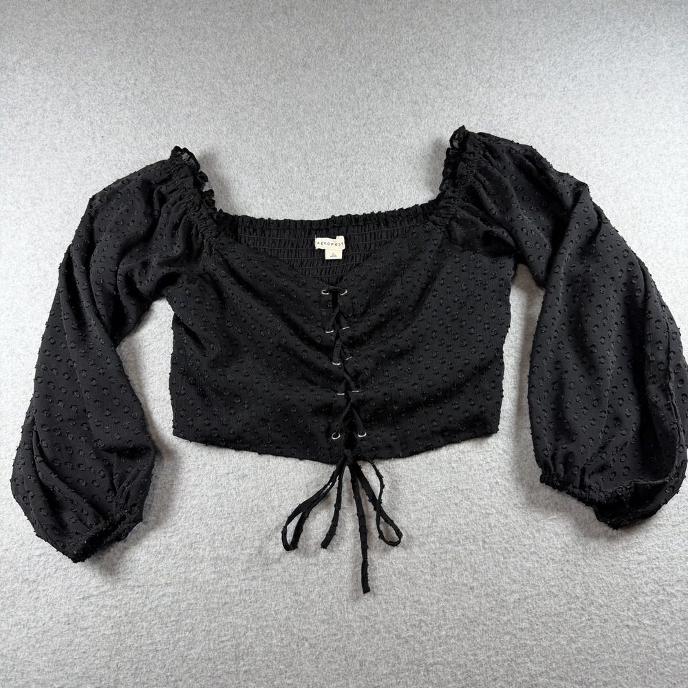 Aeropostale Peasant Y2K Crop Top L Black Lace Up Off Shoulder Boho Whimsigoth
